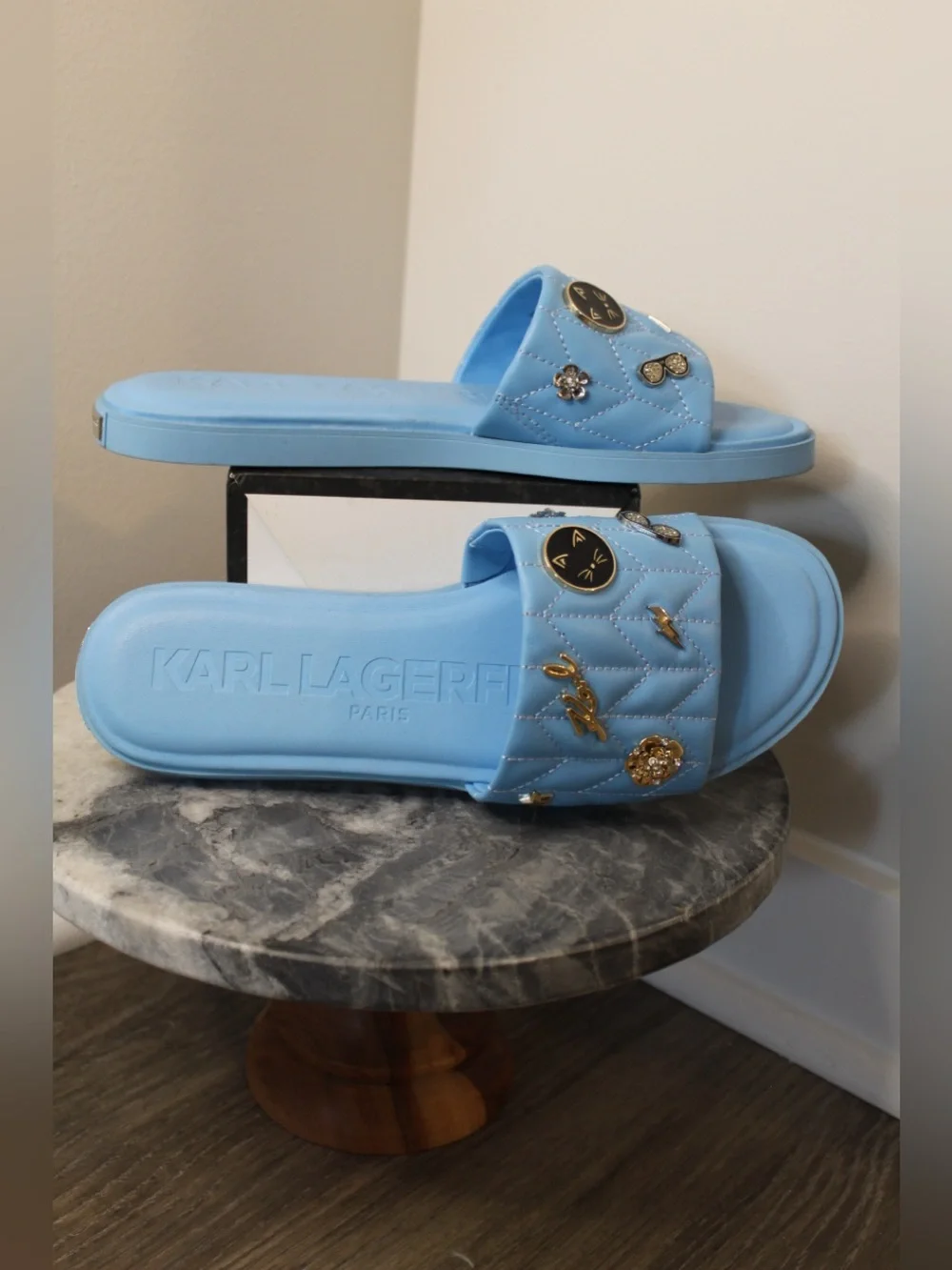 Karl Lagerfeld Blue Quilted Slide Sandals with Charms - Picture 1 of 4